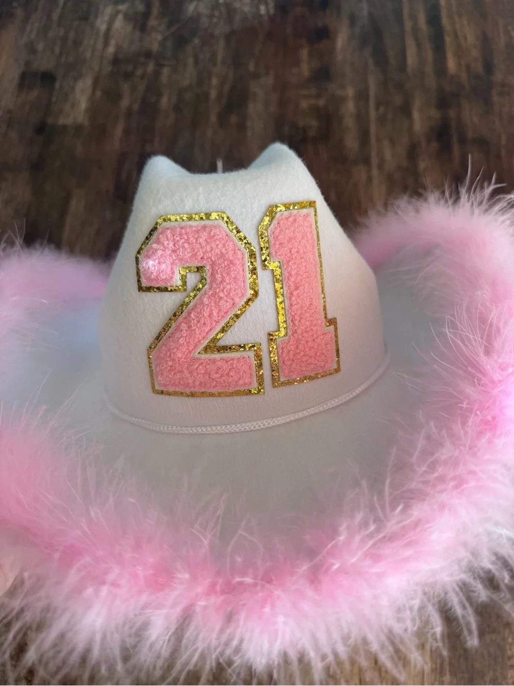21st Birthday White Cowboy Hat with Pink Feather Trim